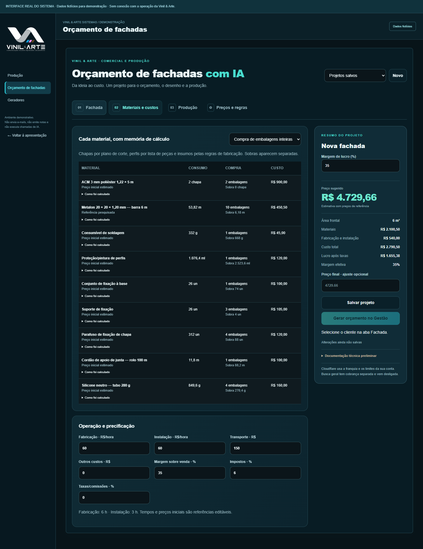 Tela real de materiais e custos da fachada, com consumo, compra e custo por insumo